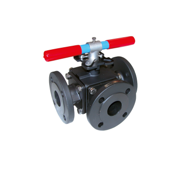 Kogelkraan 3 weg, T en L boring, DIN flanged, staal huis, ptfe zitting, modentic, eriks, econosto, JC valves, haitima, 