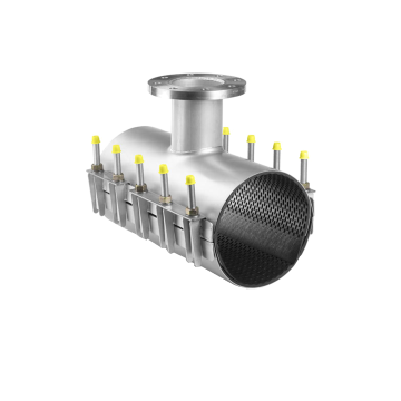 Pipe tapping tee, pipe with flanged branch, stainlesssteel, clamping branched repair clamp, T branch tapping T-piece, straub, norma