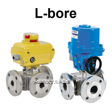 Ball valve T bore 3way stainless steel flanged 230Volt AC L bore