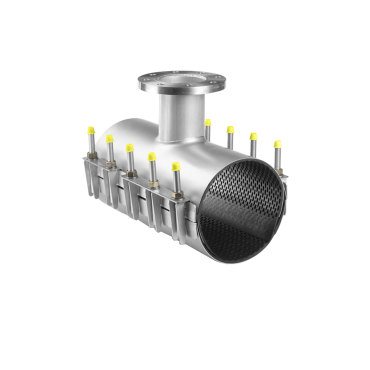 Pipe tapping tee, pipe with flanged branch, stainlesssteel, clamping branched repair clamp, T branch tapping T-piece, straub, norma
