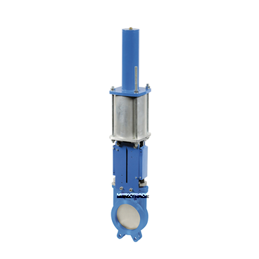 Plaatafsluiter luchtbediend pneumatisch meskantafsluiter verrgesloten enkelbediend knife gate valve pneumatic single acting orbinox CMO Stafsjo