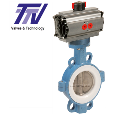 Vlinderklep tussenklem pneumatisch TTV teflon zitting GGG50 rvs butterfly valve wafer pneumatic actuator 2 part ADA ASR 1145